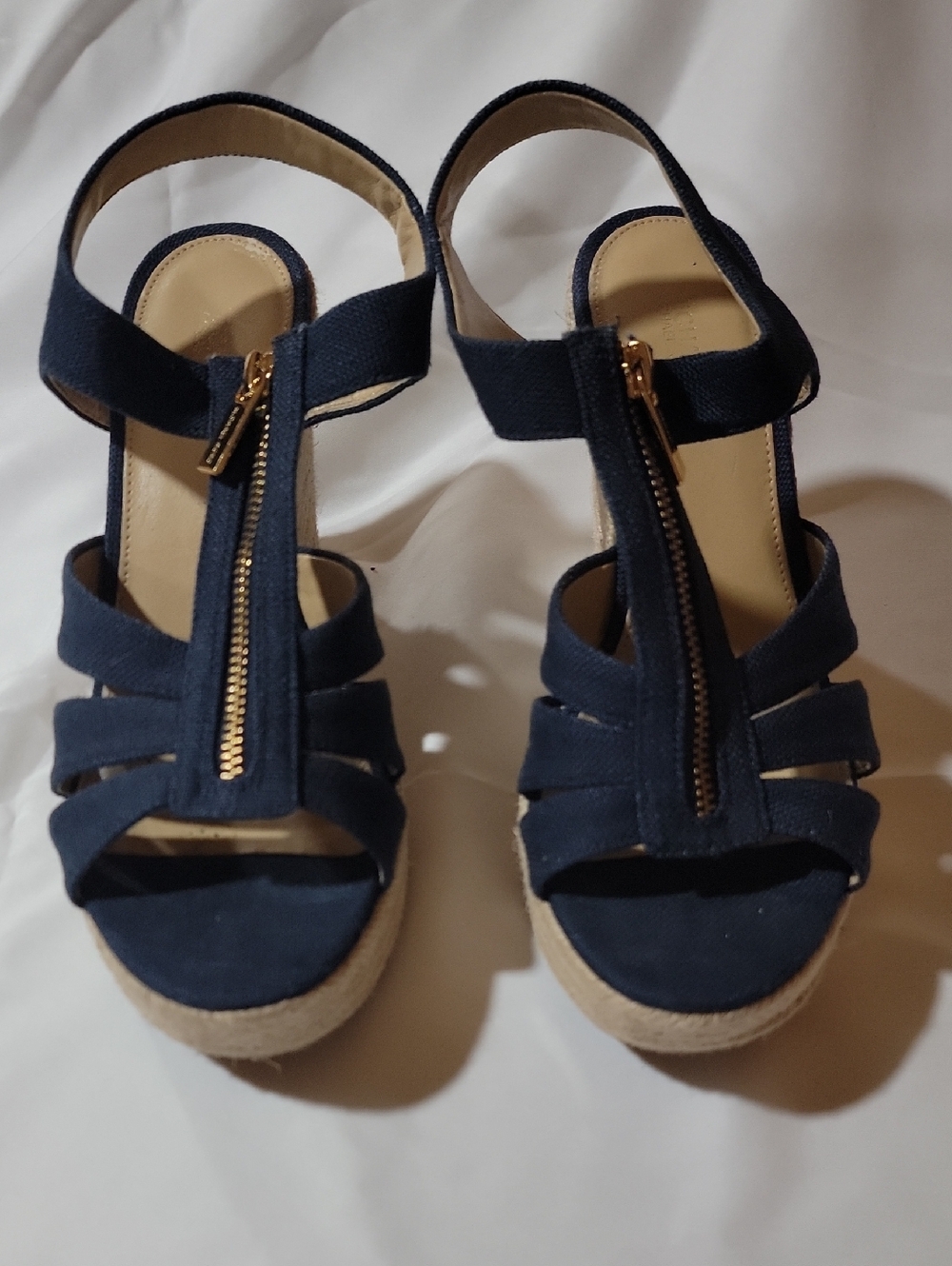 Michael Kors Navy Espadrille Wedge Sandals with Gold Zip Detail